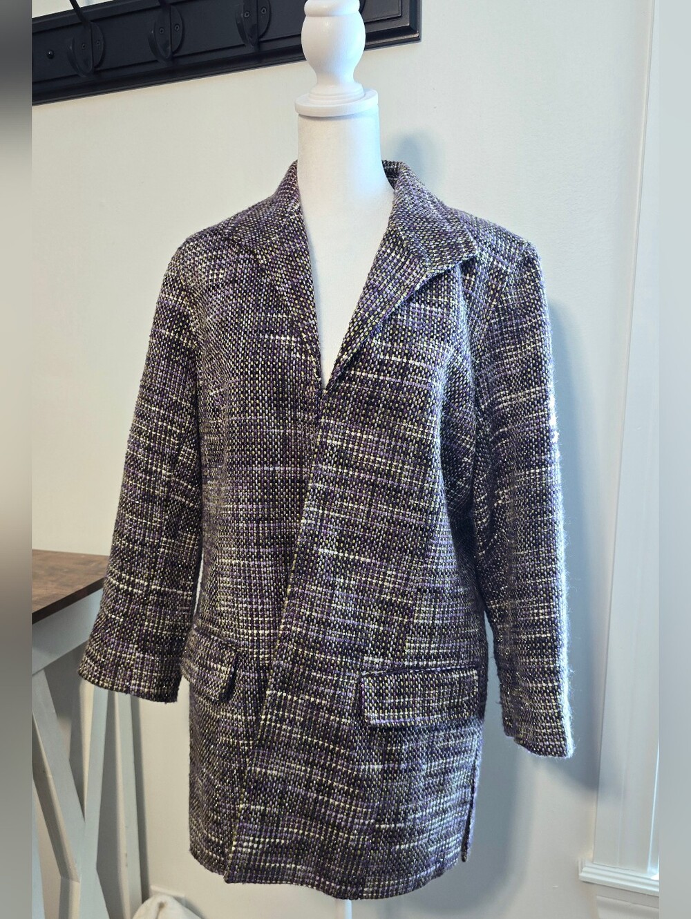 Chico's Plum Chartreuese Metallic Tweed Oversized Blazer Women's Size 8